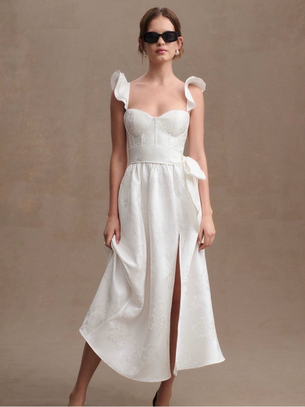 V. Chapman Vera Satin Ruffled-Sleeve Bustier Midi Dress